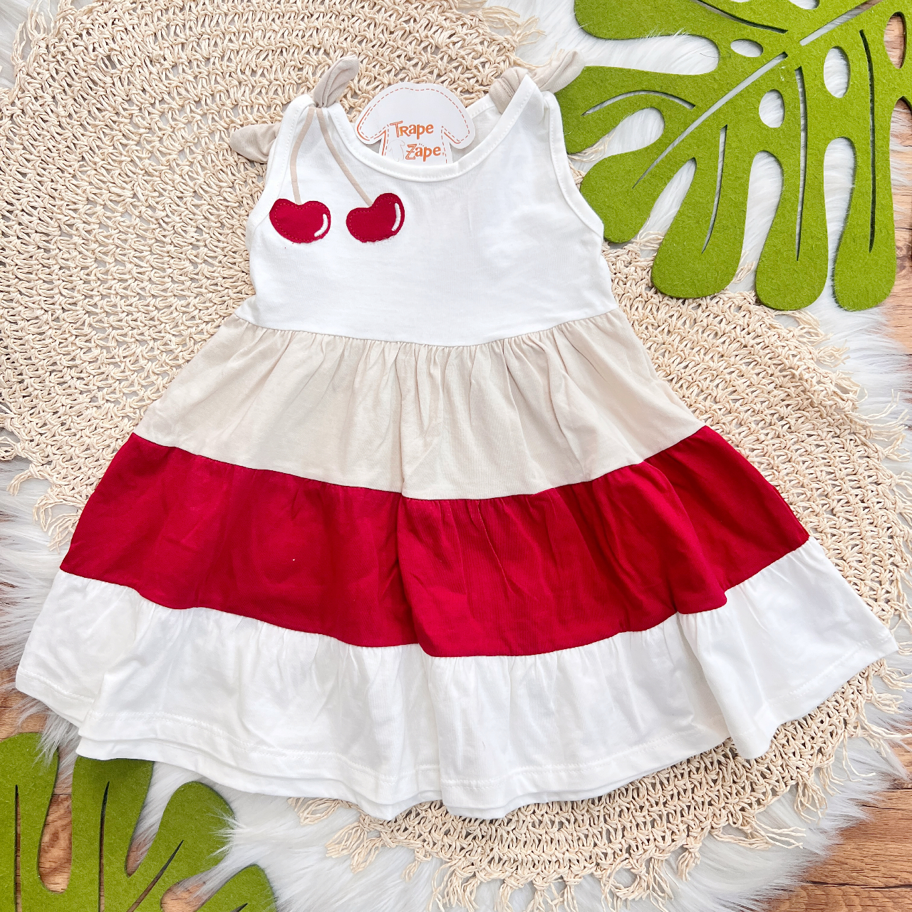 Vestido Cerejinha com Três cores - Vermelho, Areia e Off White